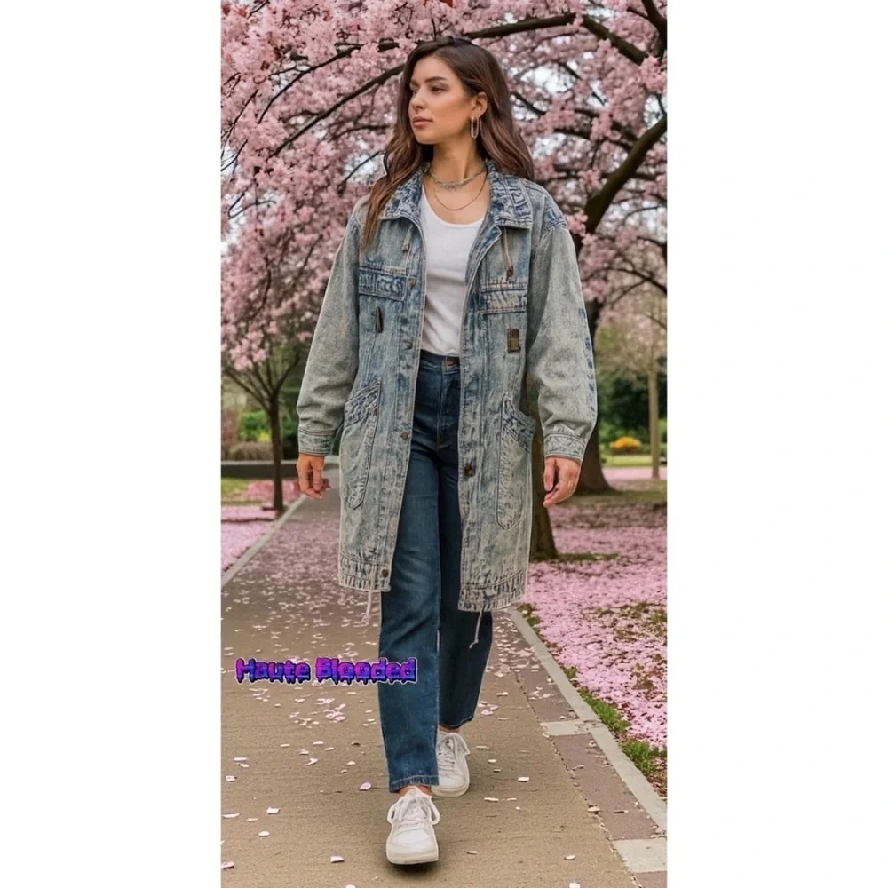 Vintage 80's Acid Wash Denim Long Warm Trench Coat Aztec e-girl alt Grunge Punk